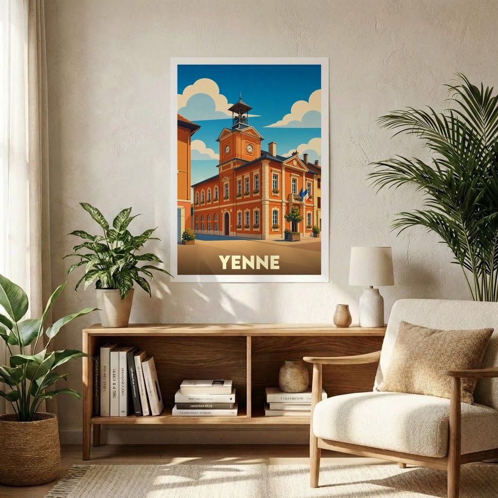 Affiche souvenir de la ville de Yenne avec une illustration stylisée et colorée de son architecture.