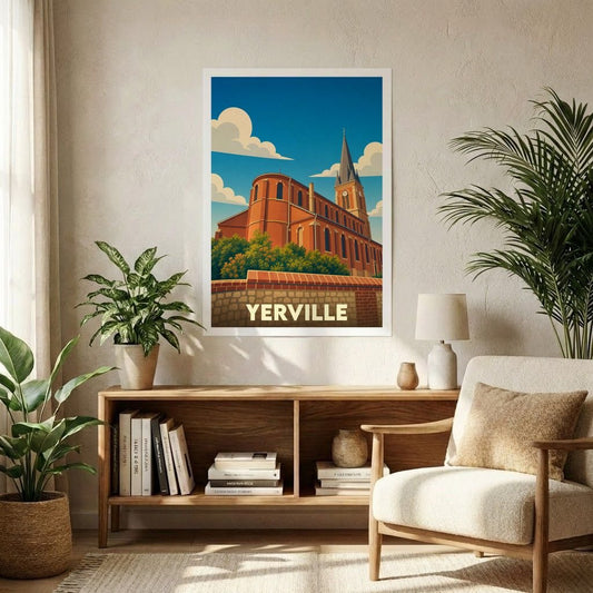 Affiche souvenir de la ville de Yerville représentant son église dans un style graphique rétro.