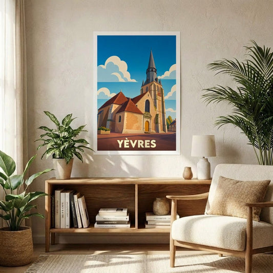 Affiche souvenir de la ville de Yèvres illustrant son église dans un style graphique rétro.