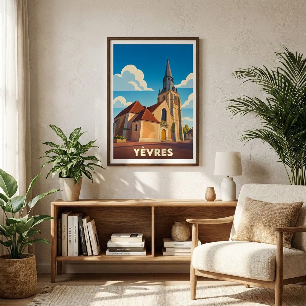 Affiche souvenir de la ville de Yèvres illustrant son église dans un style rétro et coloré.