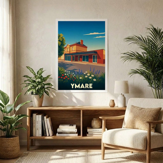Affiche souvenir de la ville d'Ymare avec une illustration stylisée et colorée.