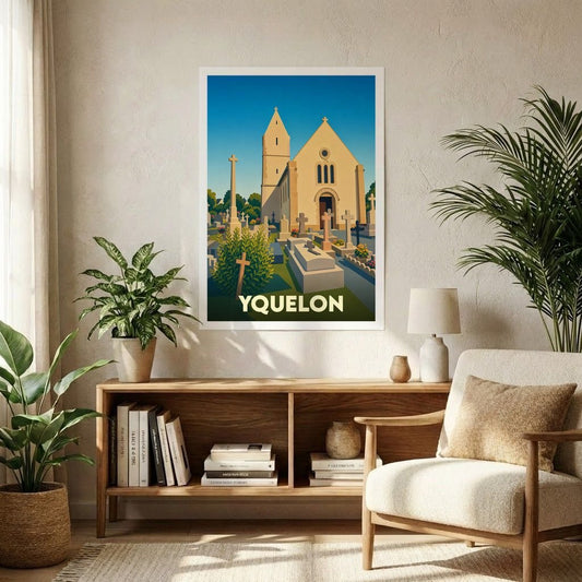 Affiche souvenir de la ville d'Yquelon illustrant son église et son cimetière dans un style graphique épuré.