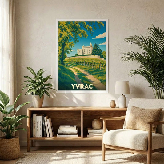 Affiche souvenir de la ville d'Yvrac illustrant un château dominant ses vignobles dans un style vintage.