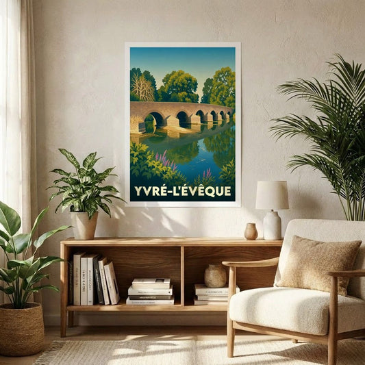 Affiche souvenir de la ville de Yvré-l'Évêque avec une illustration stylisée de son pont historique.