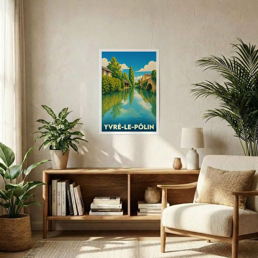 Affiche souvenir de la ville de Yvré-le-Pôlin présentant une illustration stylisée d'un paysage fluvial paisible.