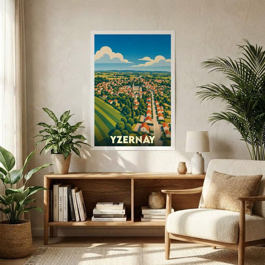 Affiche souvenir de la ville d'Yzernay avec une illustration stylisée de style vintage.
