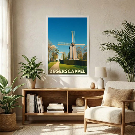 Affiche souvenir de la ville de Zegerscappel représentant un moulin à vent dans un style graphique épuré.