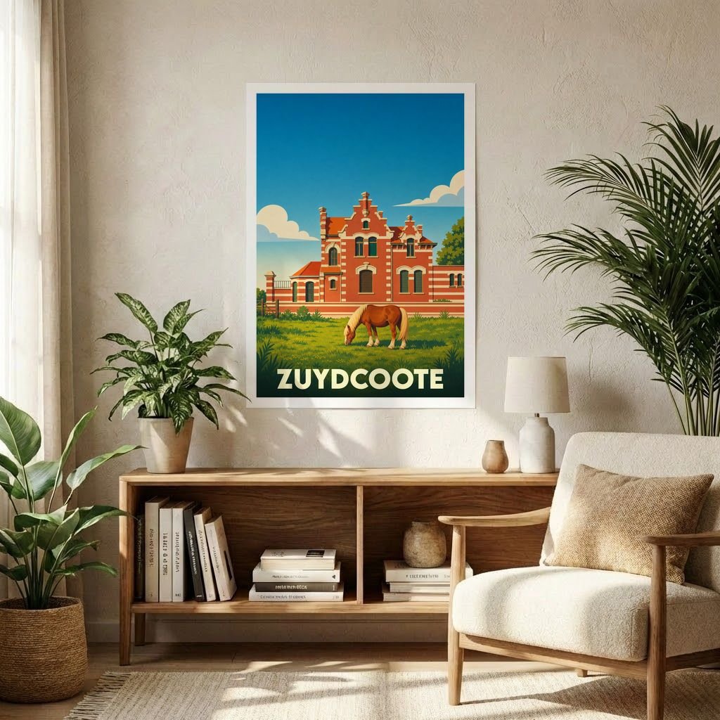 Affiche souvenir de la ville de Zuydcoote avec une illustration stylisée d'une maison flamande et d'un cheval.