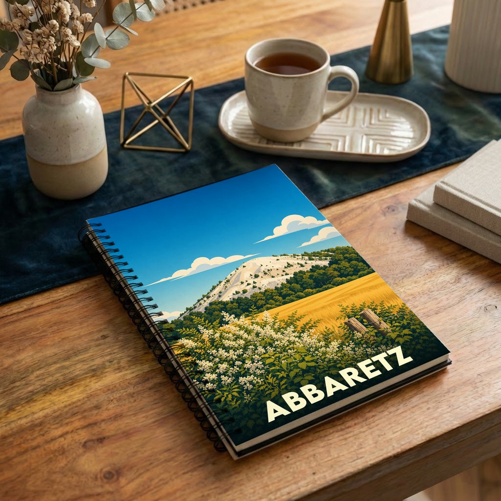 Carnet à spirales souvenir de la ville de Abbaretz avec une illustration stylisée d'un paysage naturel.
