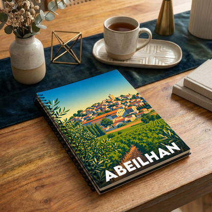 Carnet souvenir de la ville d'Abeilhan avec une illustration stylisée de son village et de ses vignobles.