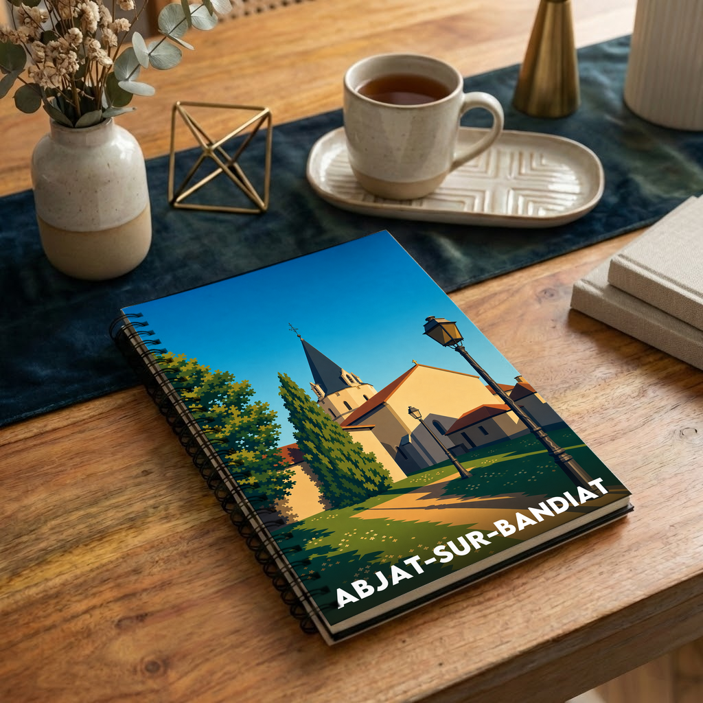 Carnet souvenir de la ville d'Abjat-sur-Bandiat avec une illustration stylisée.