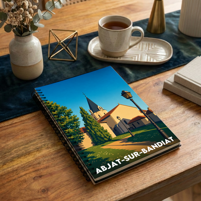 Carnet souvenir de la ville d'Abjat-sur-Bandiat avec une illustration stylisée.