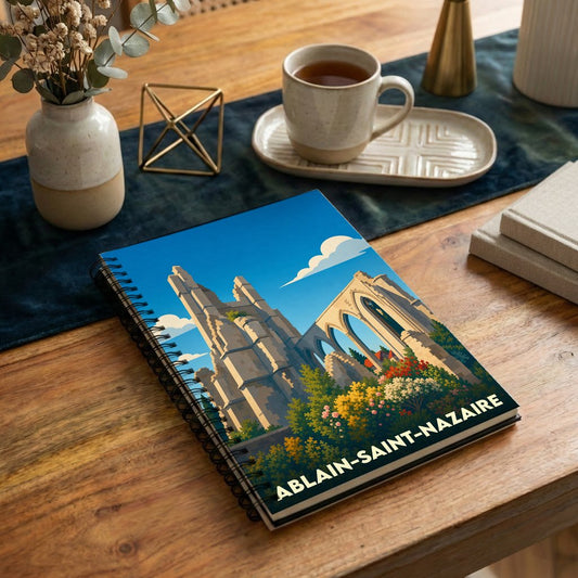 Carnet à spirales souvenir d'Ablain-Saint-Nazaire illustré par une vue stylisée des ruines de l'église.