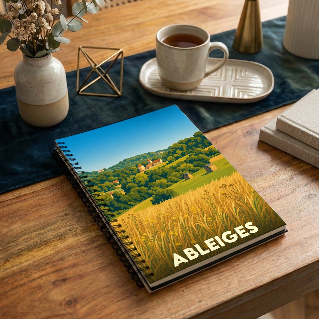 Carnet à spirales souvenir de la ville d'Ableiges avec une illustration stylisée d'un paysage champêtre.