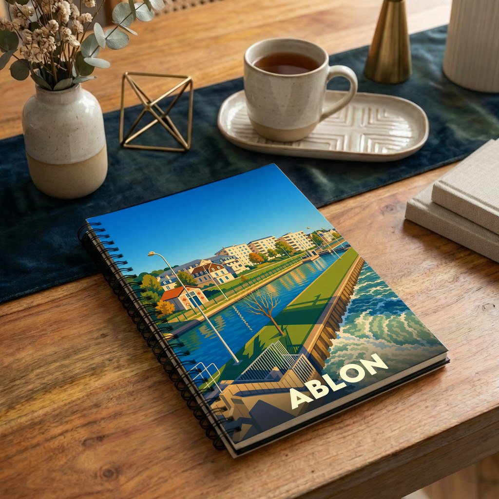 Carnet de notes souvenir de la ville d'Ablon illustré par une vue stylisée de ses quais et bâtiments au bord de l'eau.
