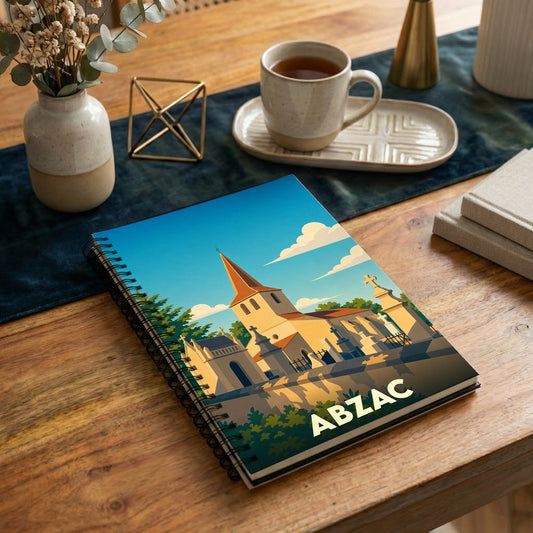 Carnet à spirale souvenir de la ville d'Abzac avec une illustration stylisée de son église et de son cimetière.