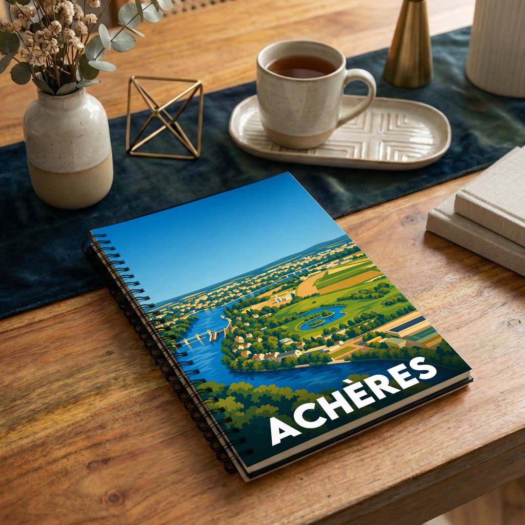 Carnet souvenir de la ville d'Achères avec une illustration stylisée.