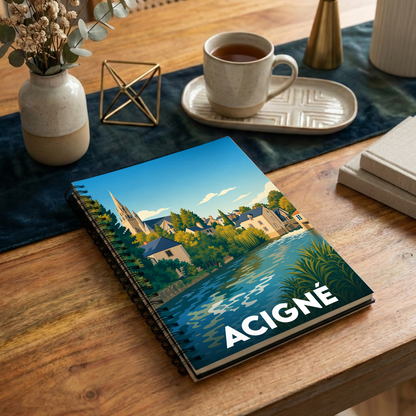 Carnet de notes souvenir de la ville d'Acigné avec une illustration stylisée des bords de la Vilaine.