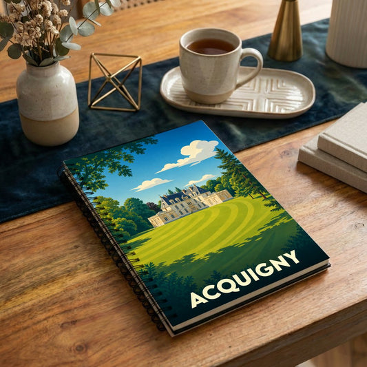 Carnet souvenir de la ville d'Acquigny avec une illustration stylisée d'un château.