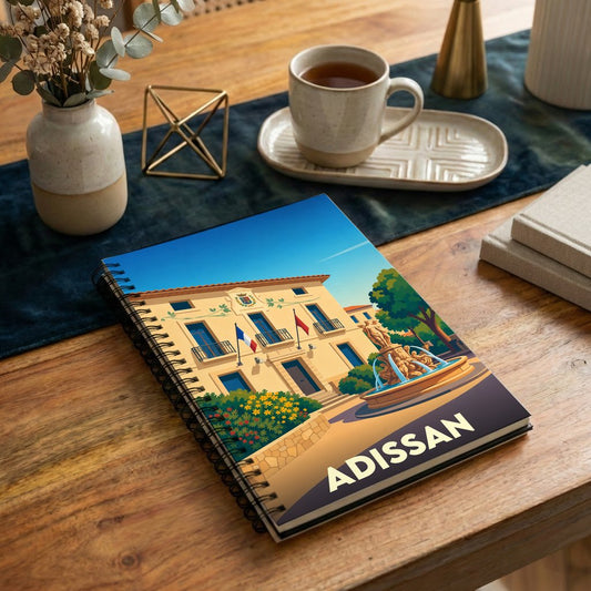 Carnet à spirales souvenir de la ville d'Adissan avec une illustration stylisée de sa mairie et d'une fontaine.