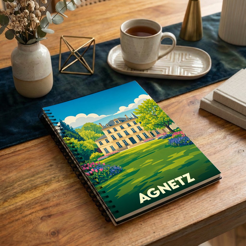 Carnet à spirales souvenir de la ville d'Agnetz avec une illustration stylisée de son château et de son parc.