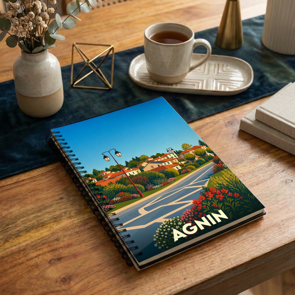 Carnet souvenir de la ville d'Agnin avec une illustration colorée et stylisée de son paysage urbain.