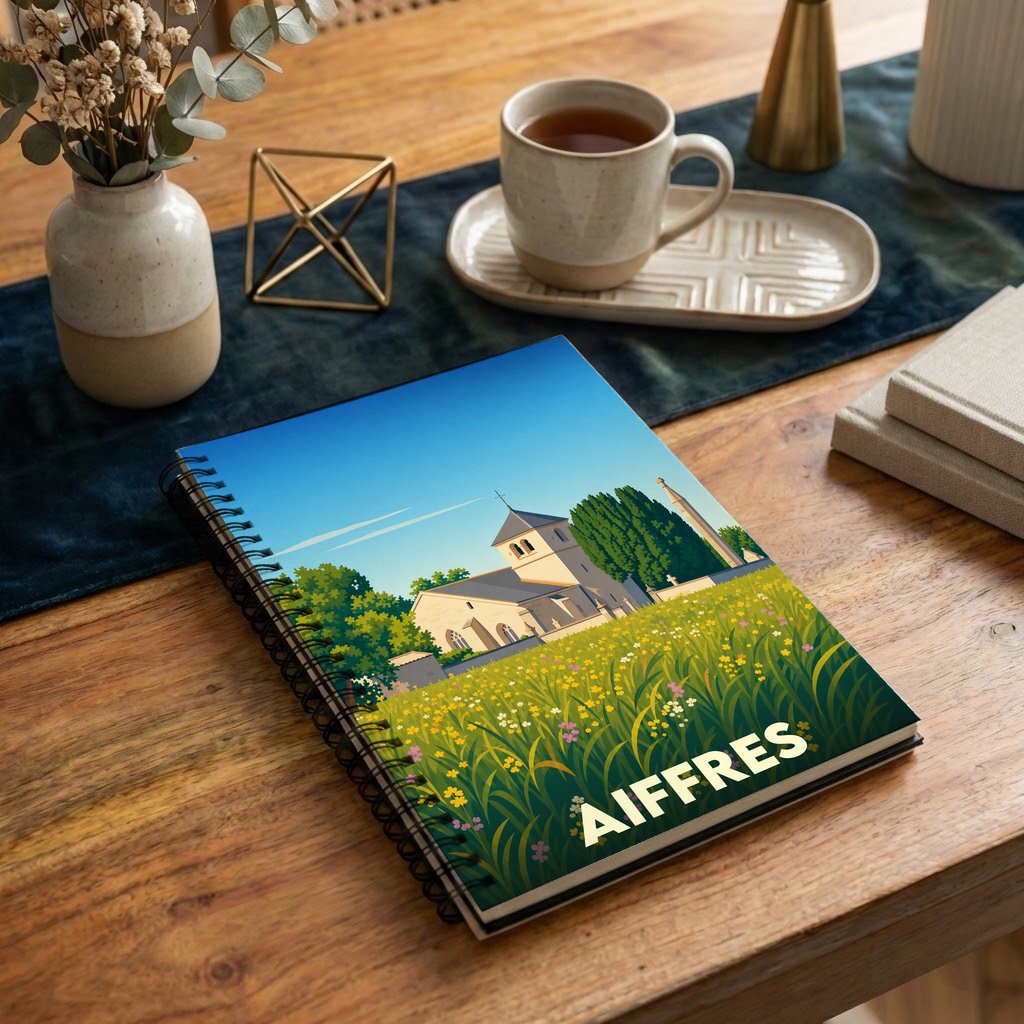Carnet souvenir de la ville d'Aiffres avec une illustration stylisée d'une église dans un champ de fleurs.