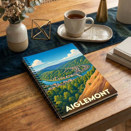 Carnet souvenir de la ville d'Aiglemont avec une illustration stylisée d'un paysage de vallée.