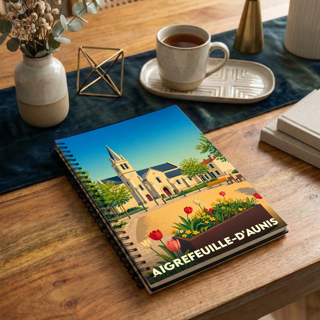 Carnet souvenir de la ville de Aigrefeuille-d'Aunis avec une illustration stylisée de son église et de parterres de fleurs.