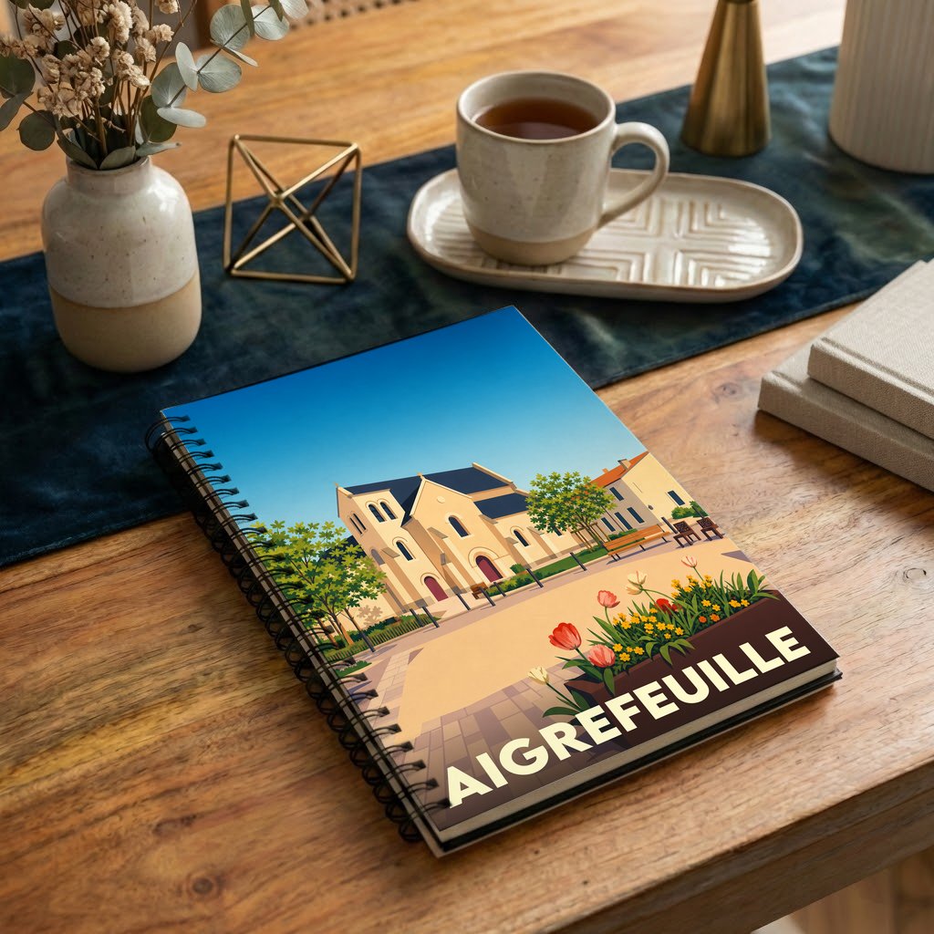Carnet souvenir de la ville de Aigrefeuille avec une illustration stylisée de son église et de sa place fleurie.