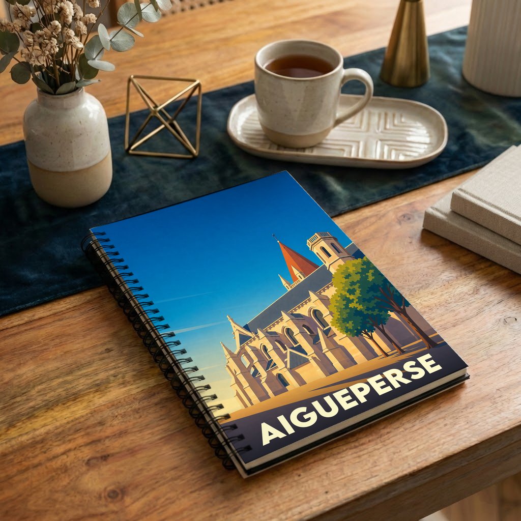 Carnet souvenir de la ville d'Aigueperse avec une illustration stylisée de son église.