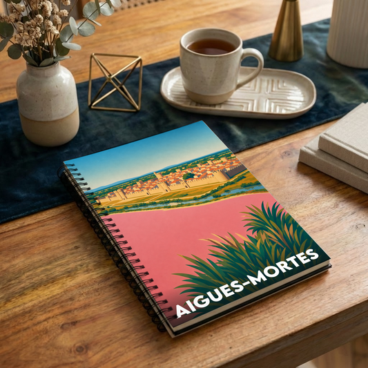 Carnet souvenir de la ville d'Aigues-Mortes avec une illustration stylisée.