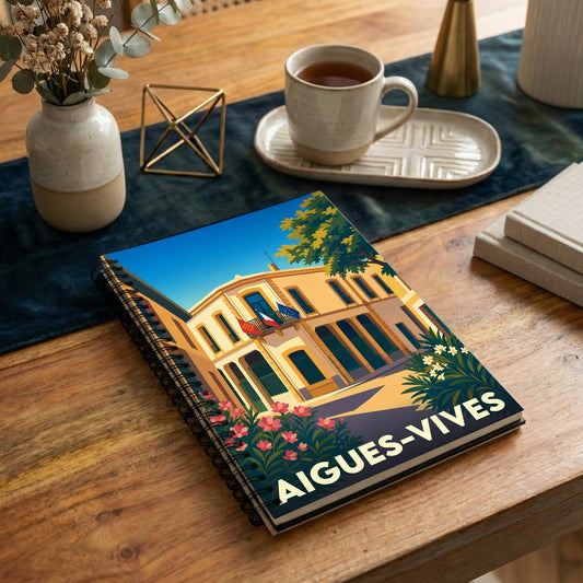 Carnet à spirales souvenir de la ville d'Aigues-Vives avec une illustration stylisée et colorée de sa mairie.