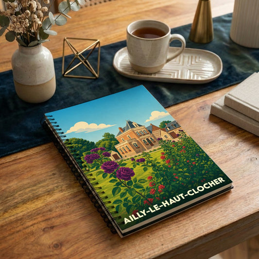 Carnet à spirales souvenir de la ville d'Ailly-le-Haut-Clocher avec une illustration stylisée d'un manoir et de jardins fleuris.