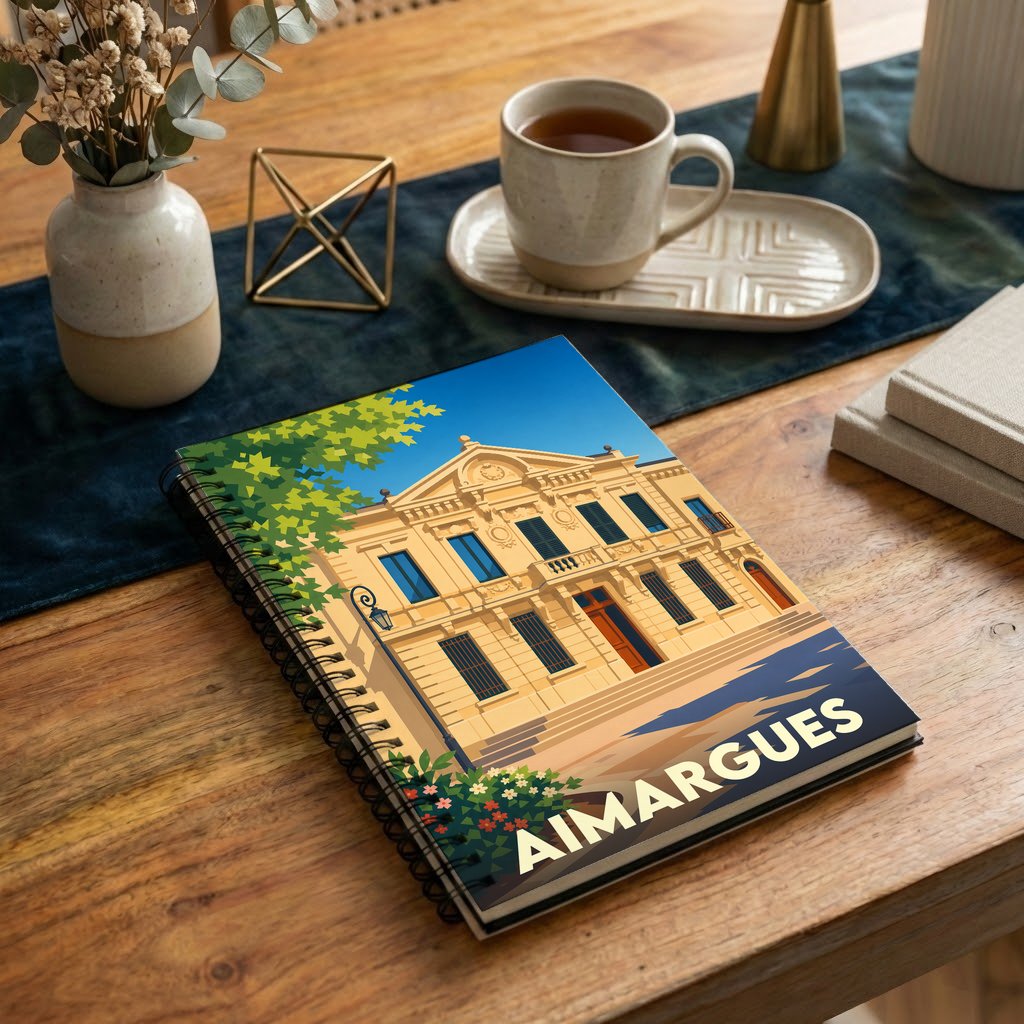 Carnet souvenir de la ville d'Aimargues avec une illustration stylisée de son hôtel de ville.