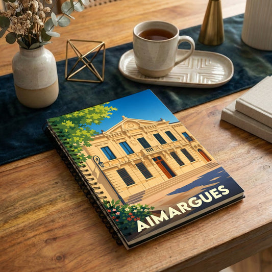 Carnet souvenir de la ville d'Aimargues avec une illustration stylisée de son hôtel de ville.