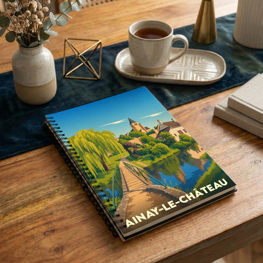 Carnet à spirales souvenir de la ville de Ainay-le-Château avec une illustration stylisée.