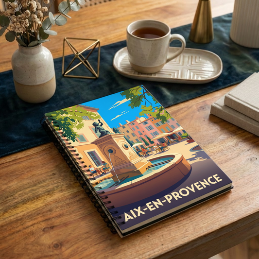 Carnet souvenir de la ville d’Aix-en-Provence avec une illustration stylisée et colorée.