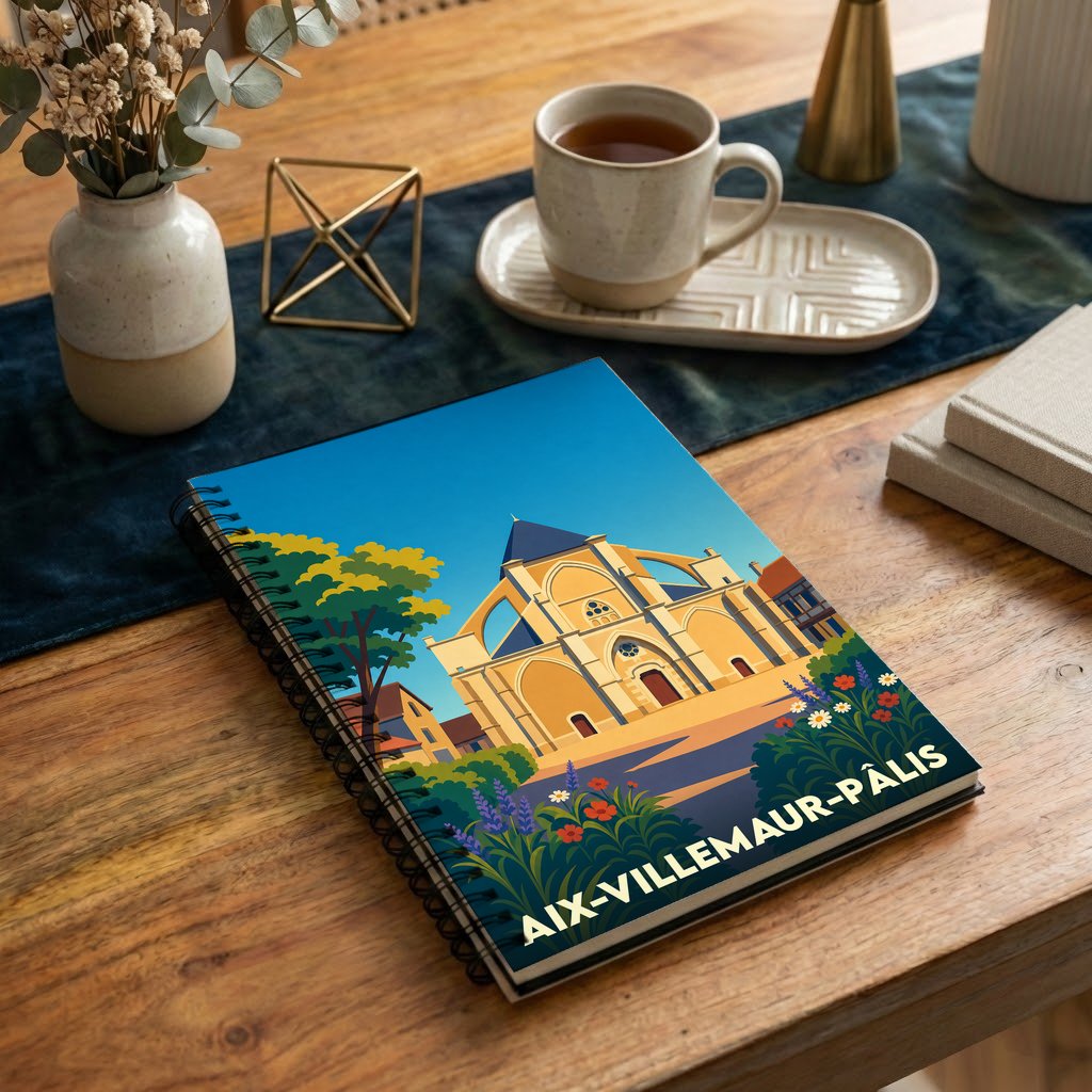 Carnet à spirales souvenir de la ville d'Aix-Villemaur-Pâlis avec une illustration stylisée de sa collégiale.