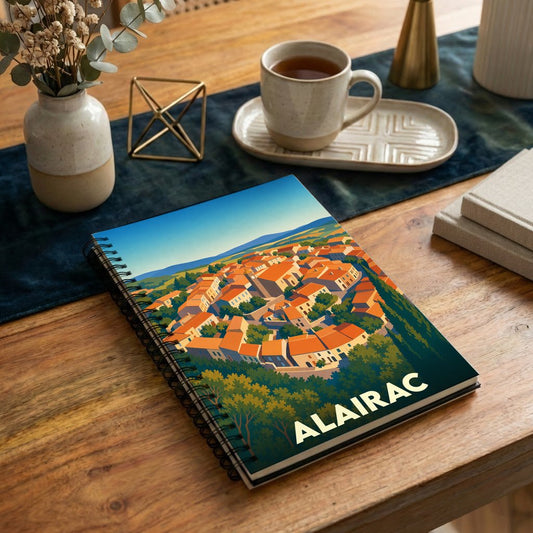 Carnet à spirales souvenir de la ville d'Alairac avec une illustration stylisée d'un village circulaire niché dans la verdure.