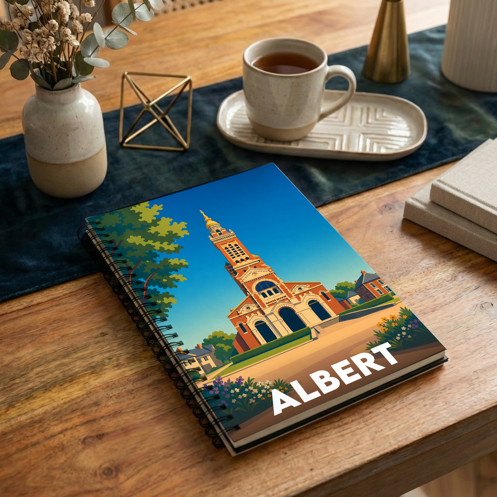 Carnet de notes souvenir de la ville d'Albert avec une illustration stylisée de sa basilique.