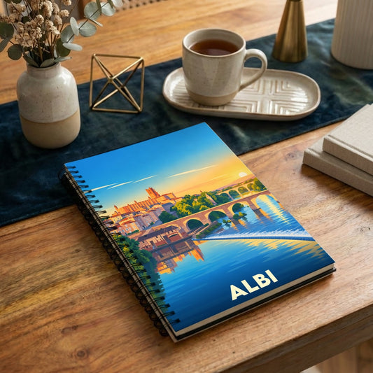 Carnet à spirales souvenir de la ville d'Albi avec une illustration stylisée de son pont et de sa cathédrale au coucher du soleil.