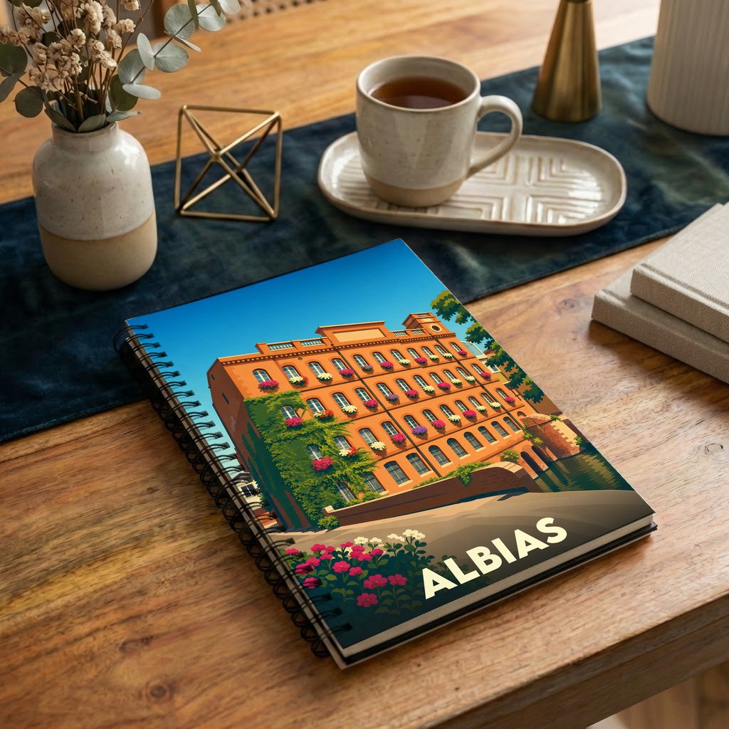 Carnet à spirales souvenir de la ville d'Albias avec une illustration stylisée et fleurie d'un bâtiment historique.
