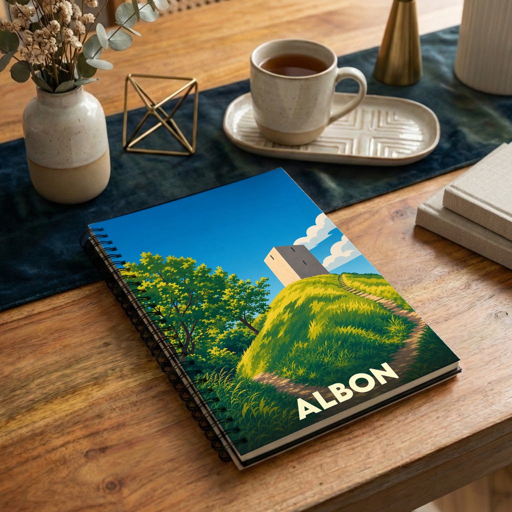 Carnet souvenir de la ville d'Albon avec une illustration stylisée de sa tour médiévale sur une colline.