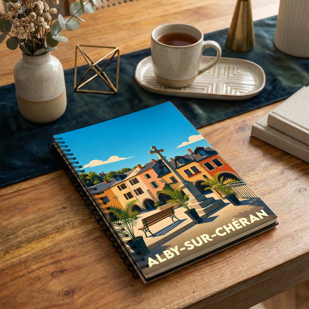 Carnet souvenir de la ville de Alby-sur-Chéran avec une illustration stylisée de sa place centrale.