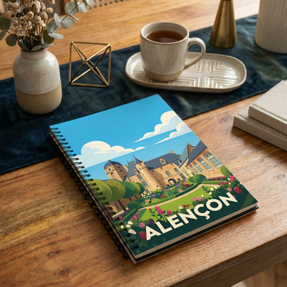 Carnet souvenir de la ville d'Alençon avec une illustration stylisée de son château et de ses jardins.