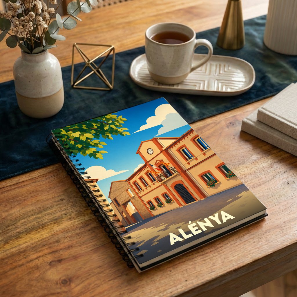 Carnet à spirales souvenir de la ville d'Alénya avec une illustration stylisée de son hôtel de ville.