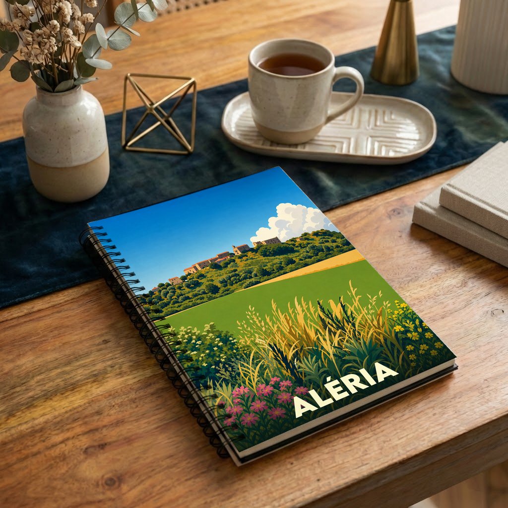 Carnet souvenir de la ville d'Aléria avec une illustration stylisée de son paysage vallonné.