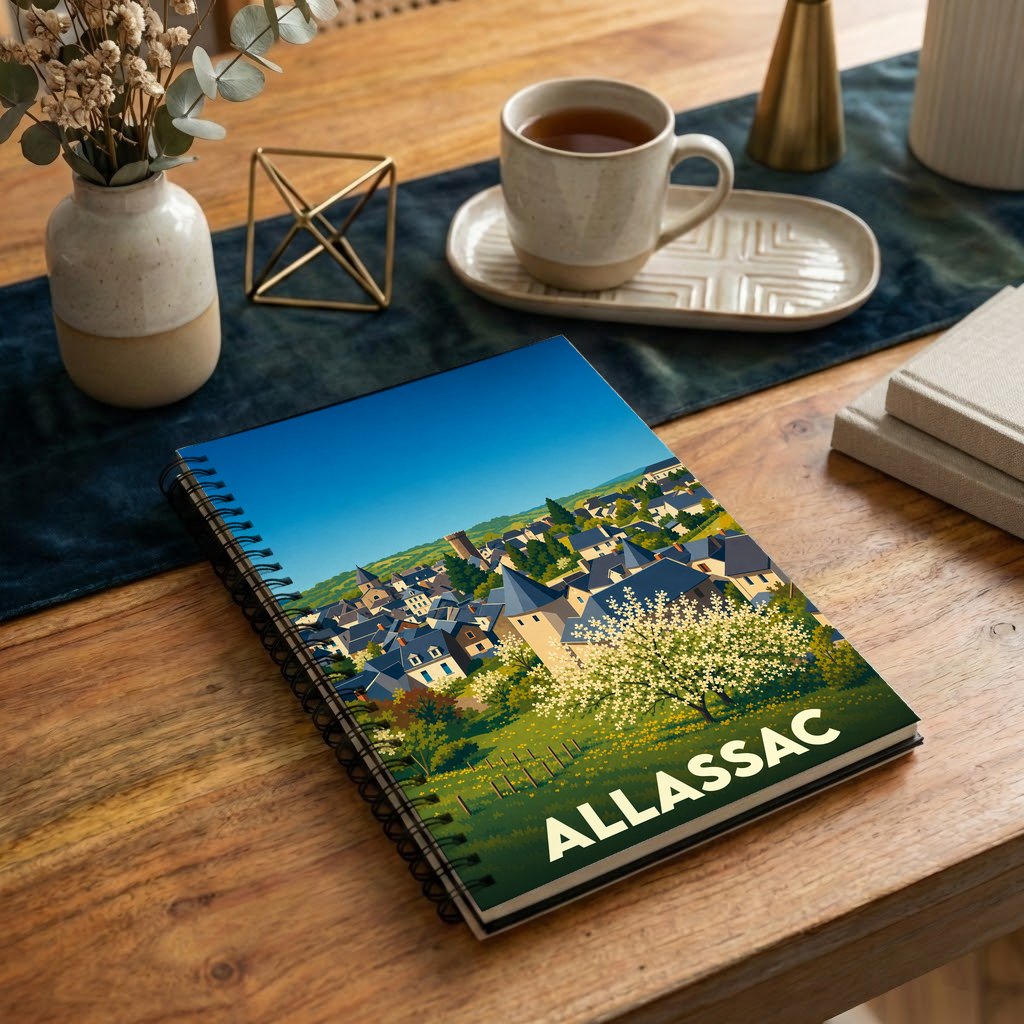 Carnet à spirales souvenir de la ville d'Allassac avec une illustration stylisée de ses toits et de ses paysages.