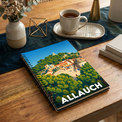 Carnet à spirales souvenir de la ville d'Allauch avec une illustration stylisée d'un paysage provençal.